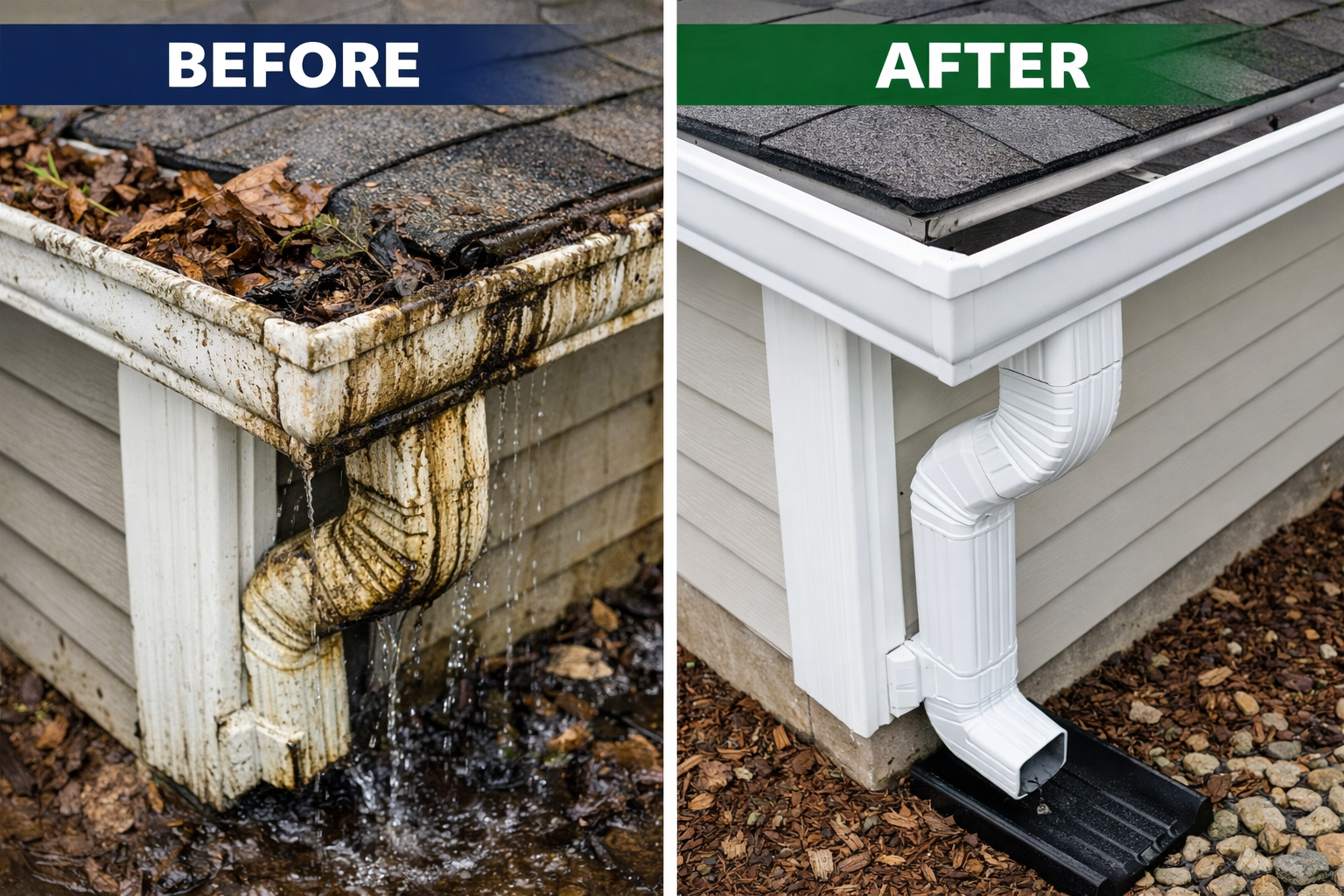 Professional gutter cleaning before and after by Ozark Home Services in Fayetteville, AR